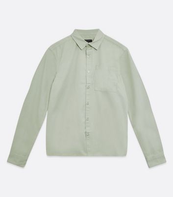 Image of Light Green Twill Collared Long Sleeve Shirt New Look