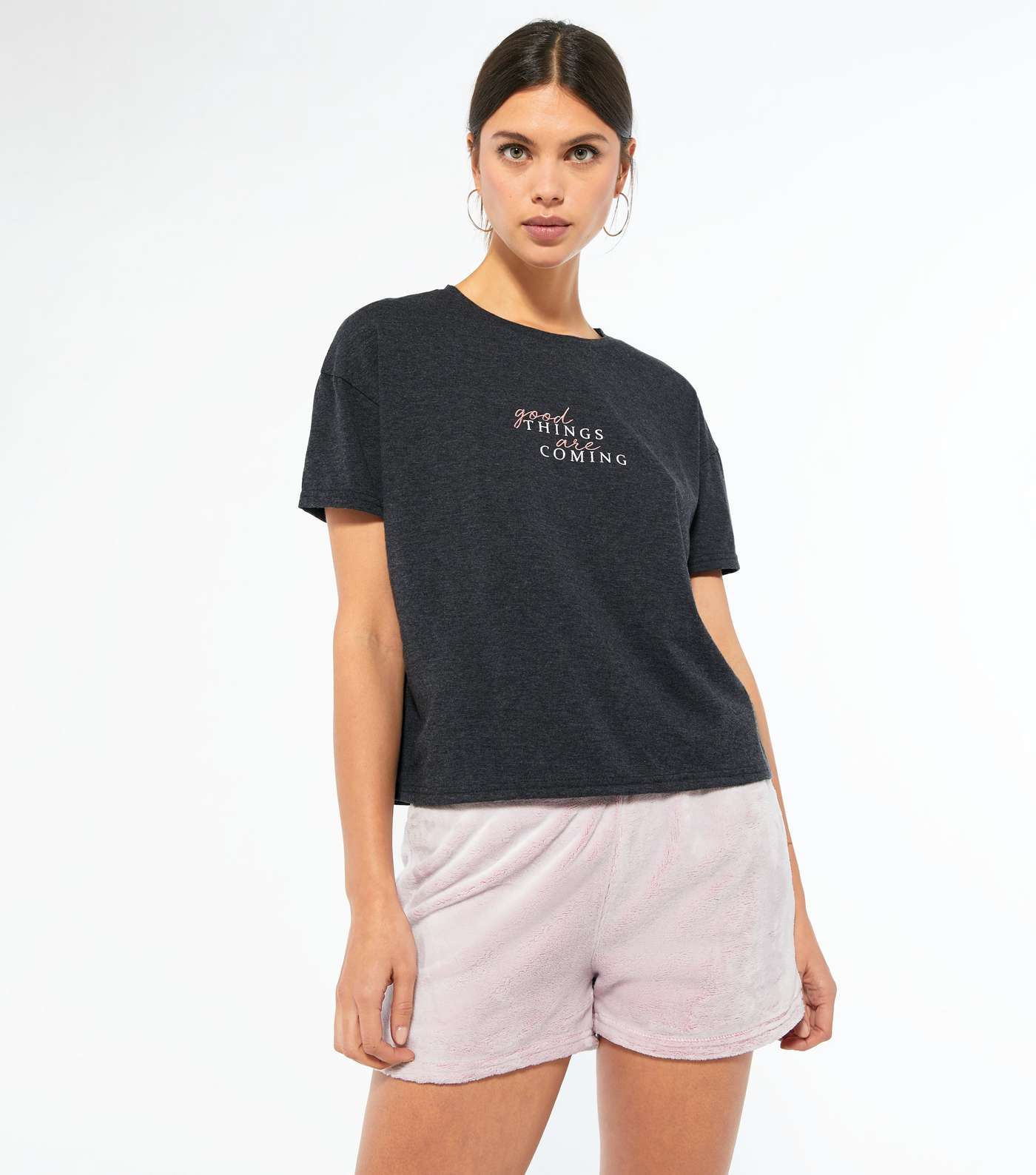 Light Grey Positive Slogan Fleece Shorts Pyjama Set Image 2