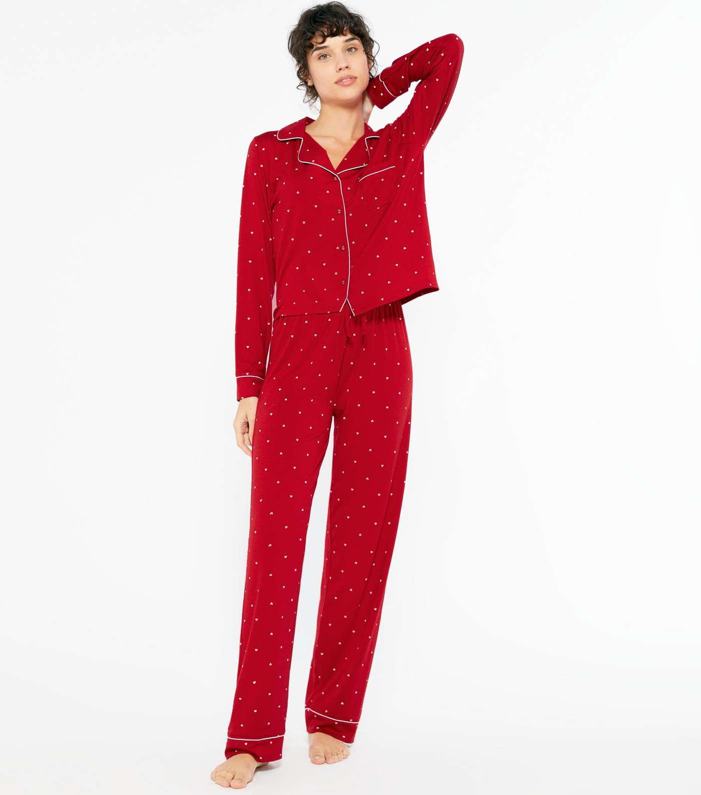 Red Heart Revere Collar Shirt Pyjama Set