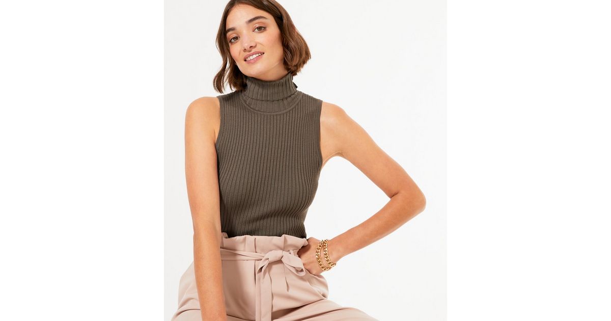 New look Mink Ribbed Knit Sleeveless High Neck Top