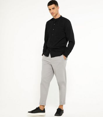 Image of Black Twill Long Sleeve Grandad Shirt New Look