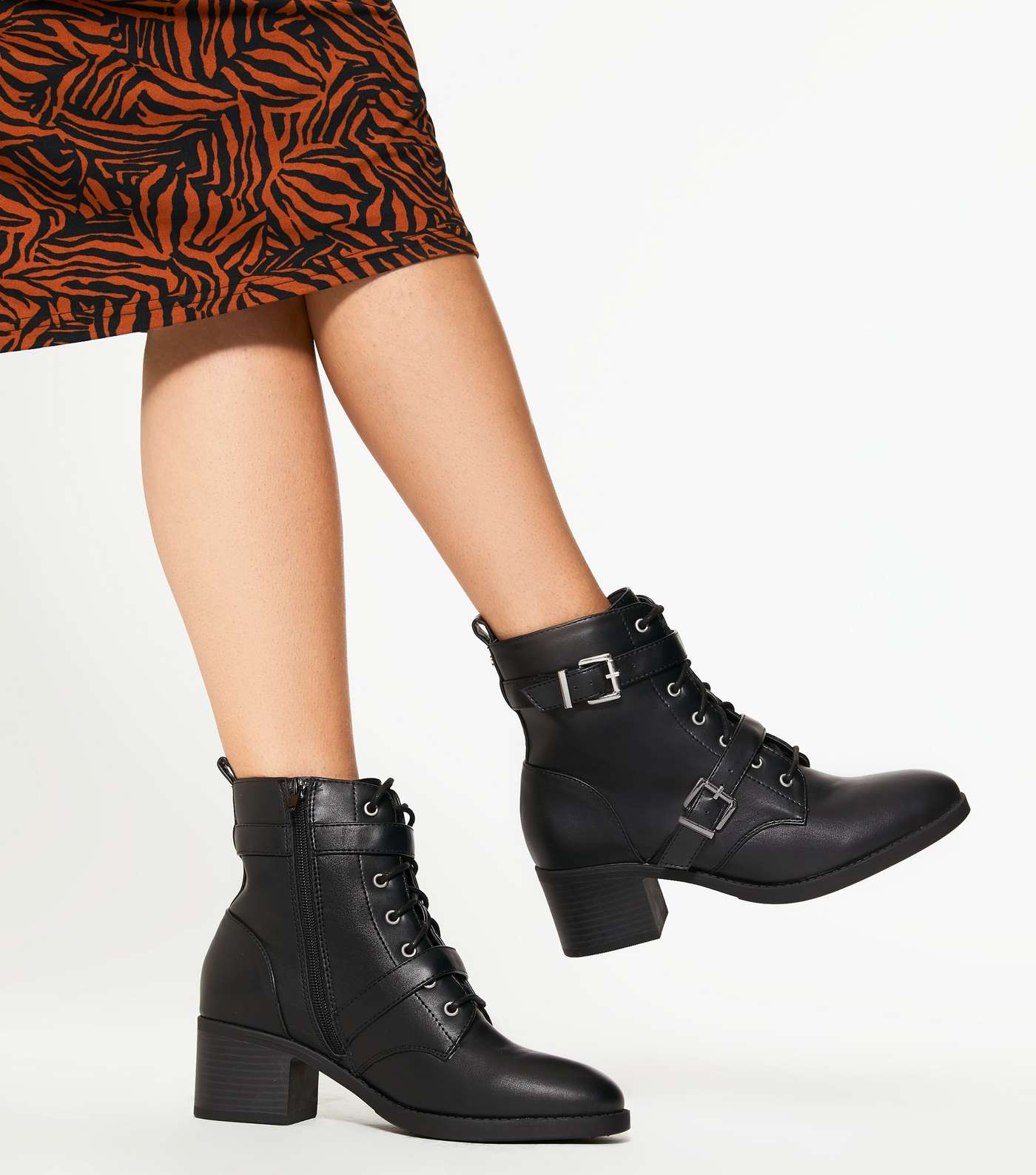 Black Buckle Lace Up Mid Heel Ankle Boots