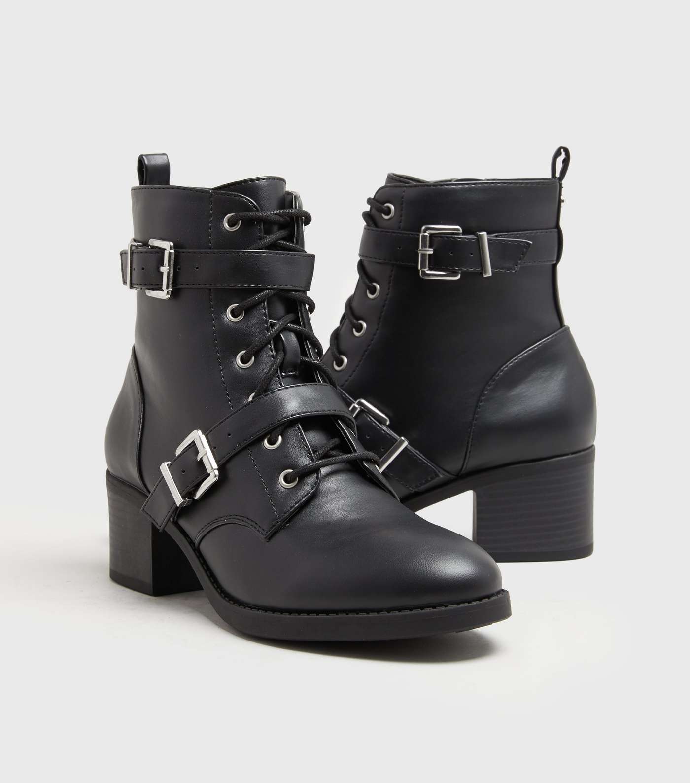 Black Buckle Lace Up Mid Heel Ankle Boots Image 3