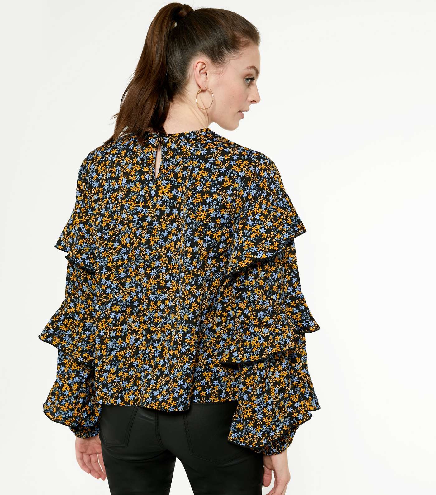 Black Floral Tiered Sleeve Blouse Image 3