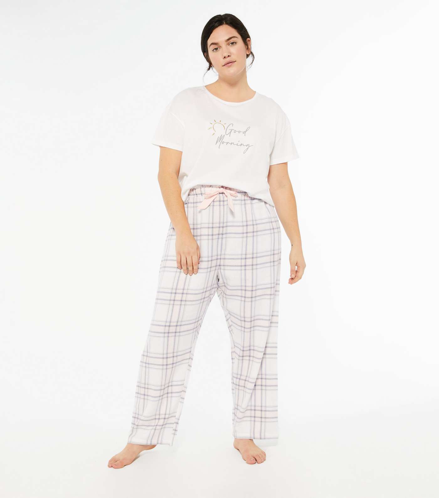 Curves Off White Slogan Check Trouser Pyjama Set  Image 2