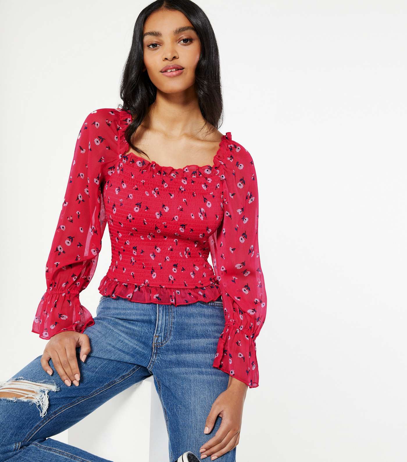Red Floral Shirred Square Neck Blouse 