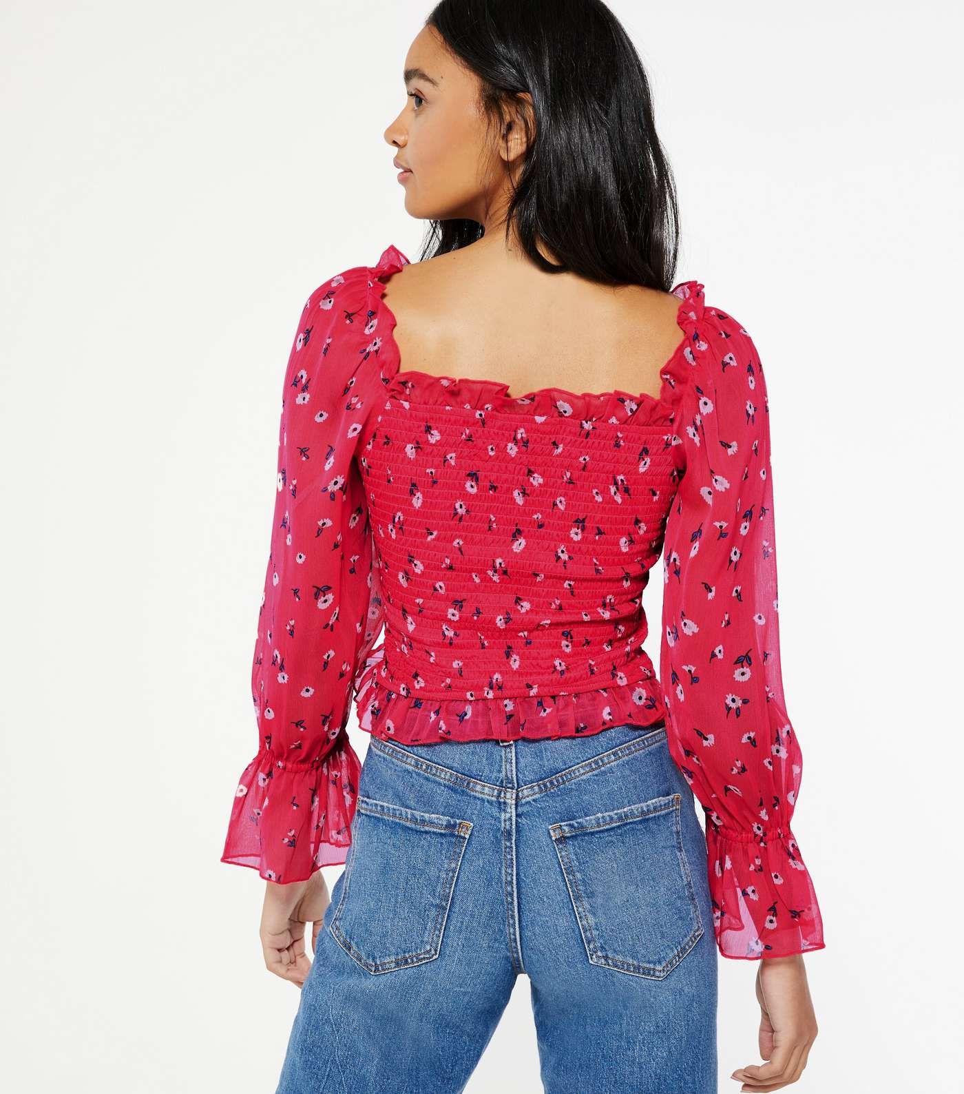 Red Floral Shirred Square Neck Blouse  Image 3