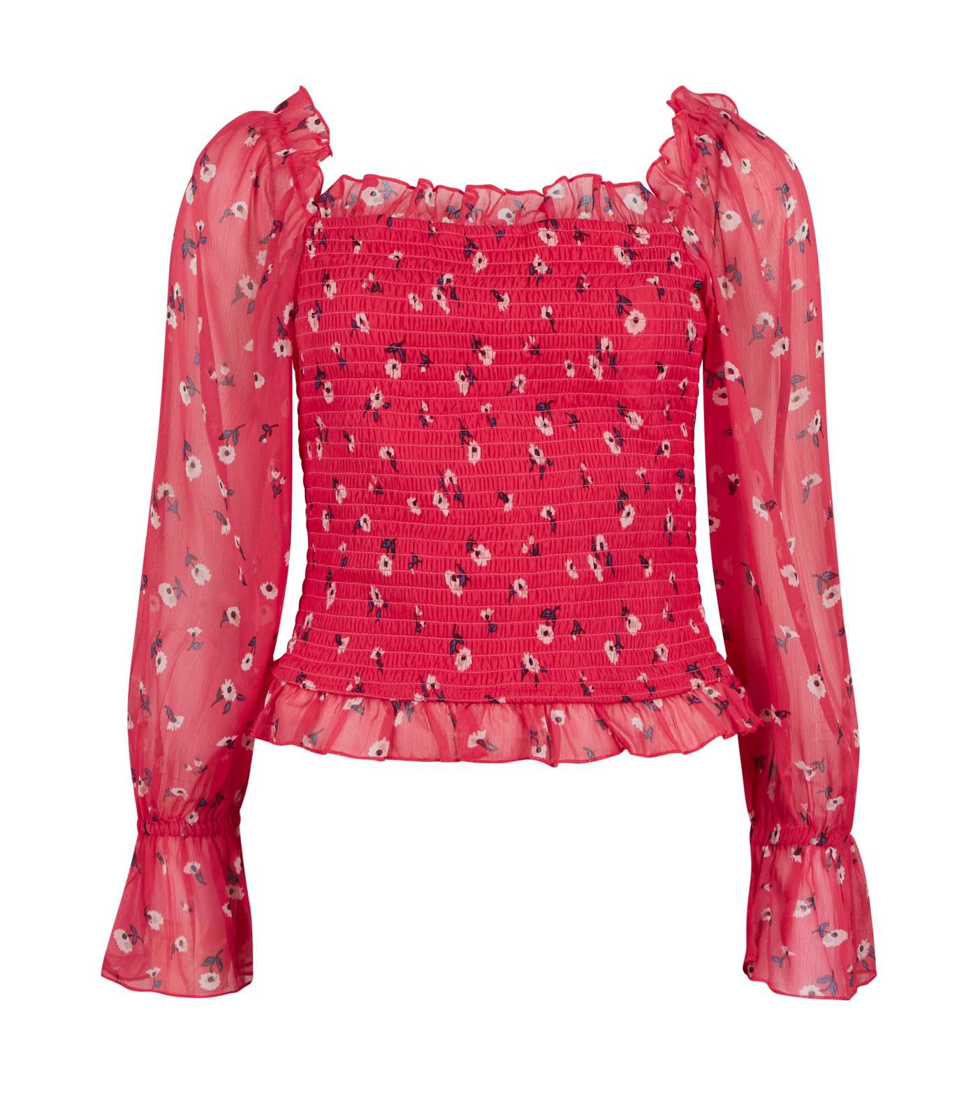 Red Floral Shirred Square Neck Blouse  Image 5