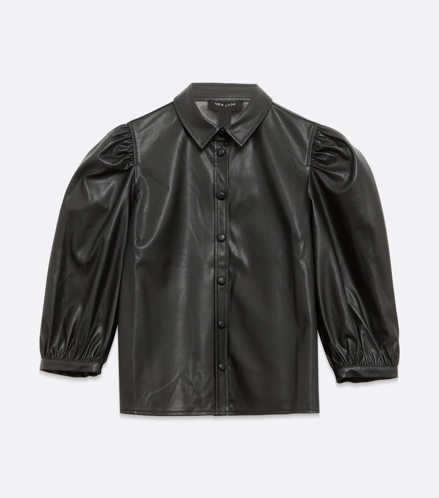 Petite Black Leather-Look Puff Sleeve Shirt Image 5
