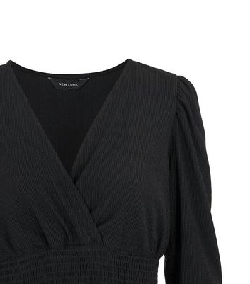 Image of Black Shirred Waist Wrap Top New Look
