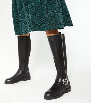 Black Chunky Zip Knee High Boots | New Look