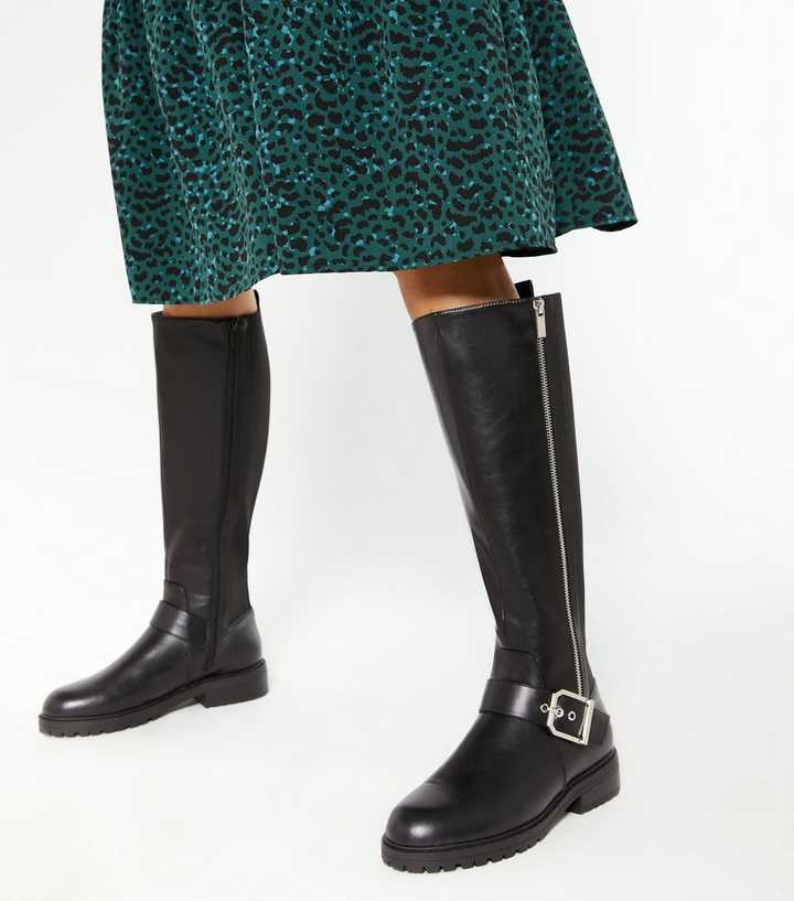 Black Chunky Zip Knee High Boots