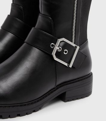 new look knee high chunky biker boot in black