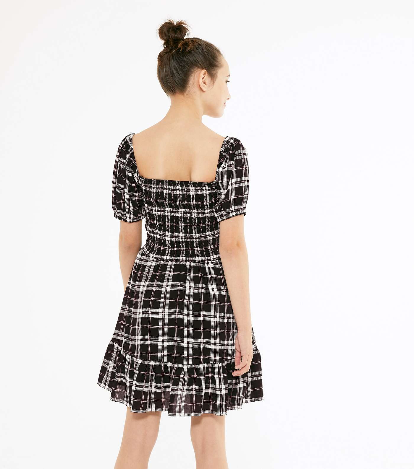 Girls Black Check Shirred Puff Sleeve Dress Image 3