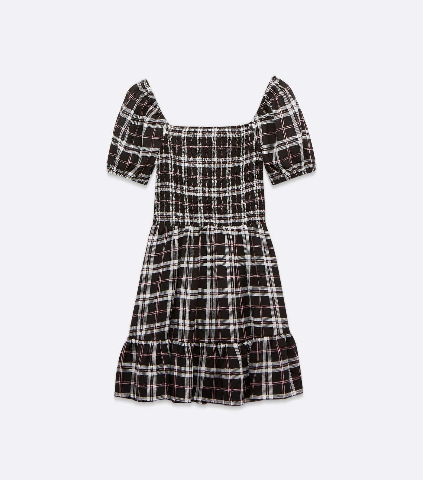 Girls Black Check Shirred Puff Sleeve Dress Image 5