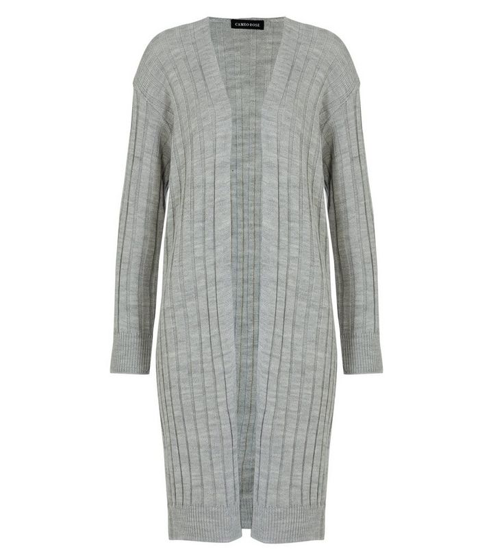 Cameo Rose Pale Grey Ribbed Knit Long Cardigan New Look
