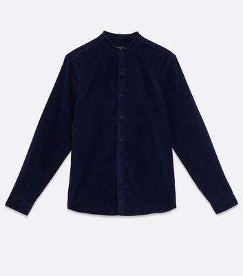 Image of Navy Cord Grandad Collar Long Sleeve Shirt New Look