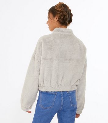 Girls Grey Faux Fur Half Zip Sweatshirt New Look