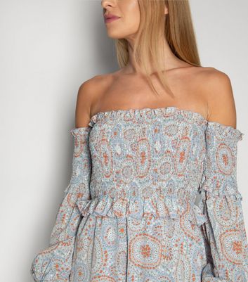 Image of Gini London Blue Floral Circle Shirred Bardot Dress New Look