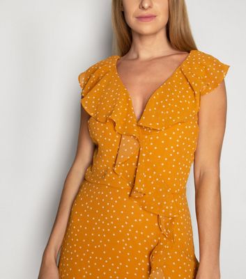 Image of Gini London Mustard Spot Ruffle Midi Dress New Look