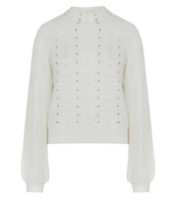 White Fluffy Knit Embellished Jumper | New Look