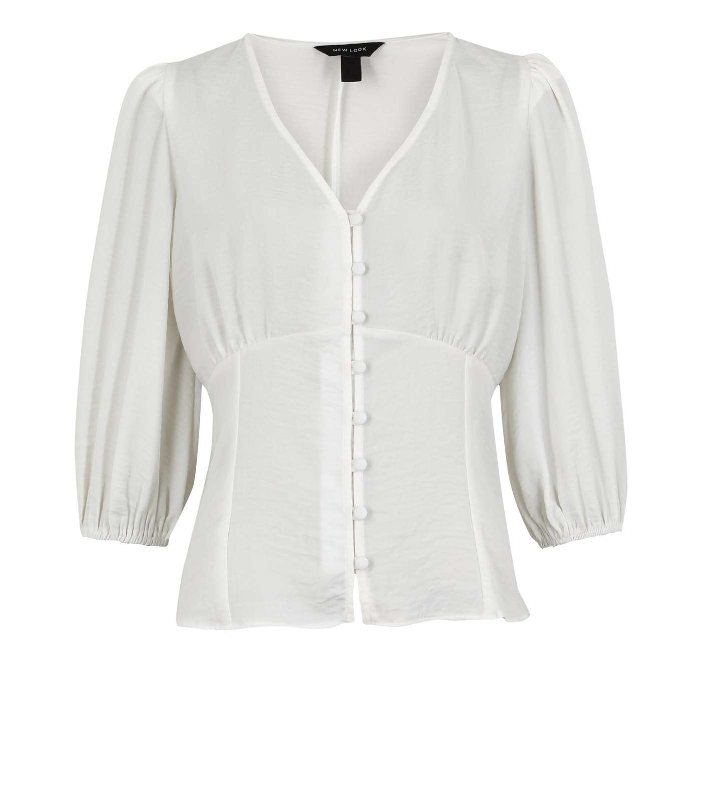 Off White Puff Sleeve Button Front Tea Blouse 