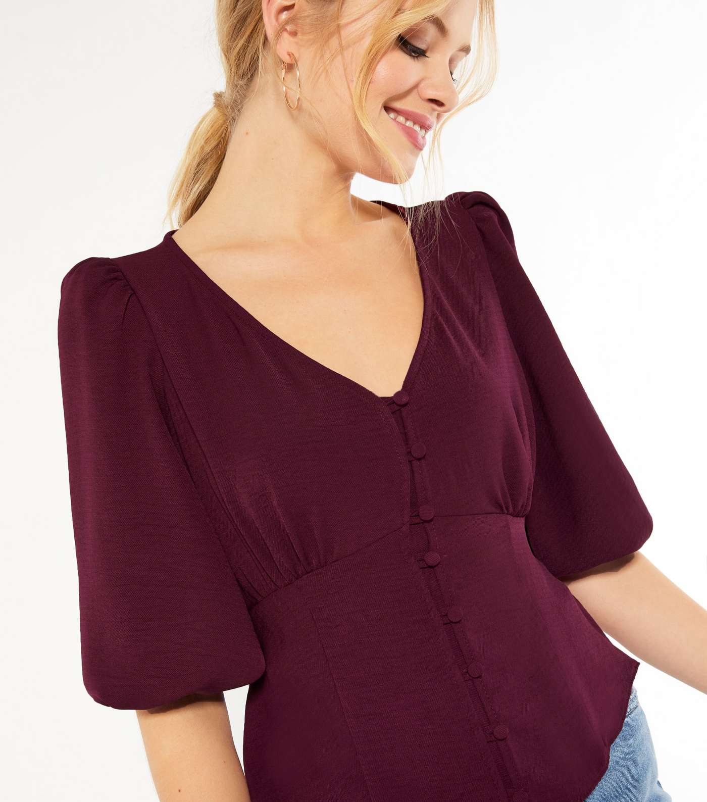 Burgundy Puff Sleeve Button Front Tea Blouse  Image 4