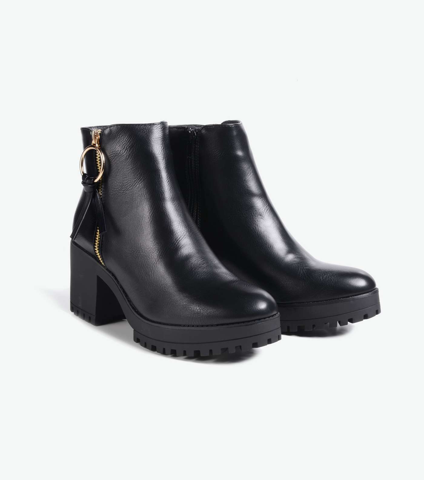 Black Ring Pull Zip Chunky Heeled Boots Image 2