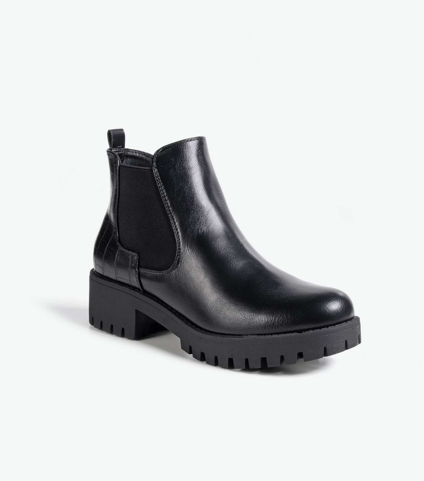 Black Faux Croc Panel Chunky Chelsea Boots