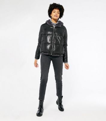 Black Reversible Faux Fur Puffer Coat 