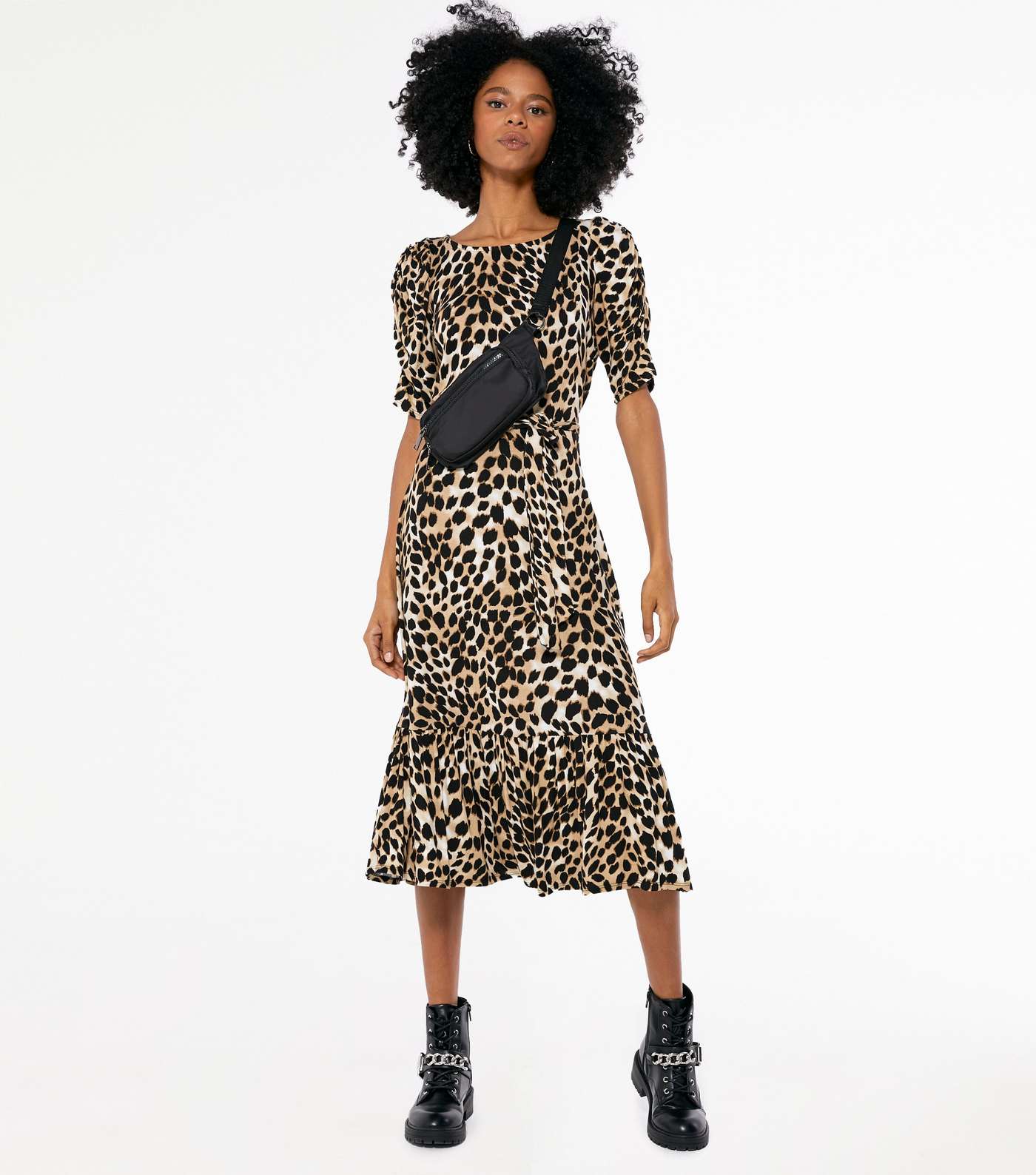Brown Leopard Print Puff Sleeve Midi Dress