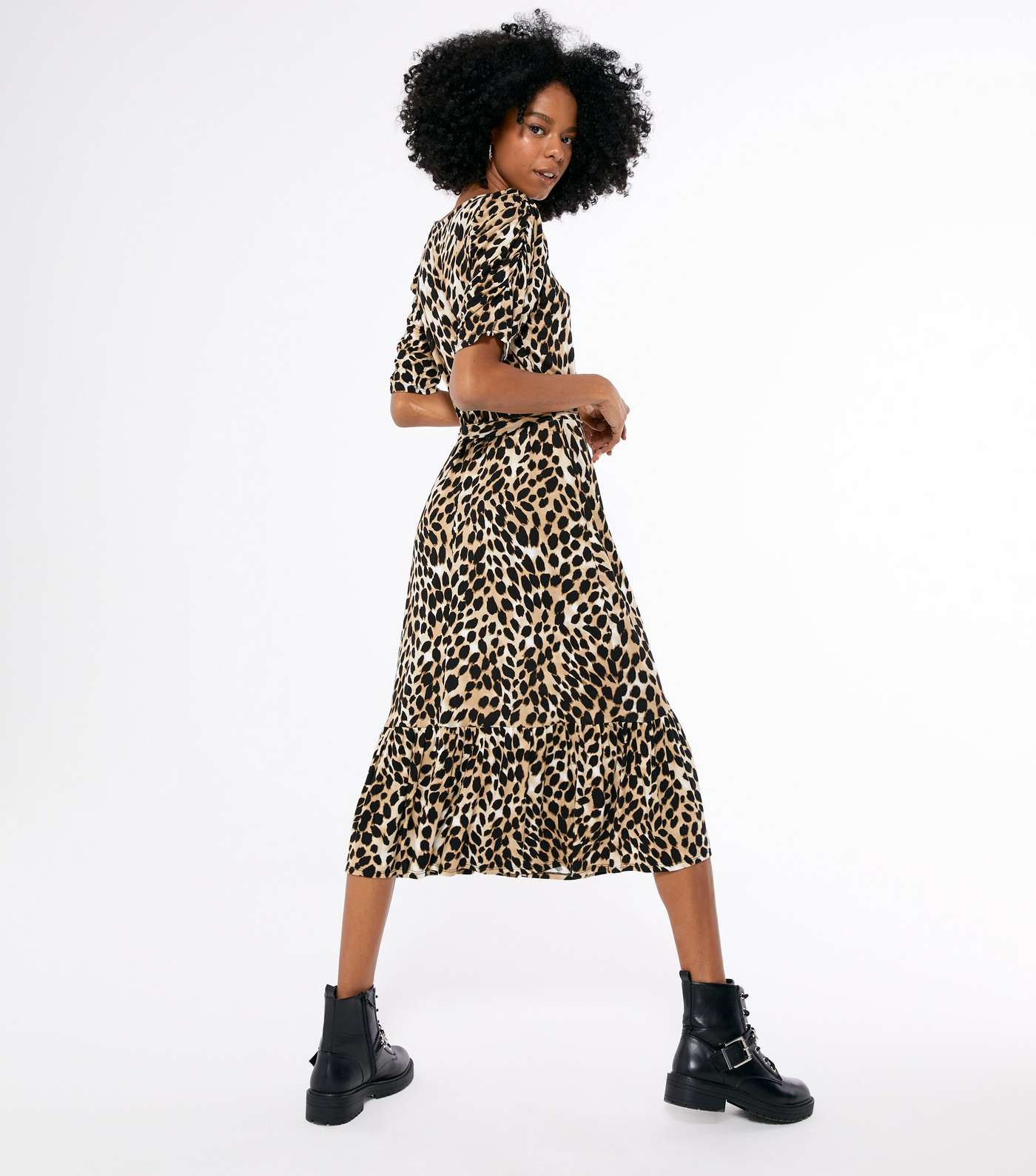Brown Leopard Print Puff Sleeve Midi Dress Image 3
