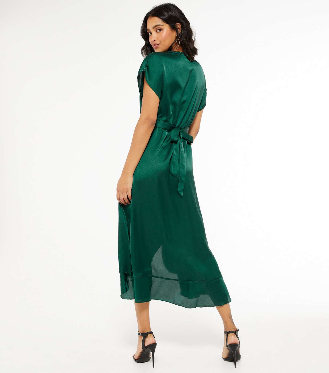 Dark Green Satin Belted Ruffle Wrap Midi Dress  Image 3