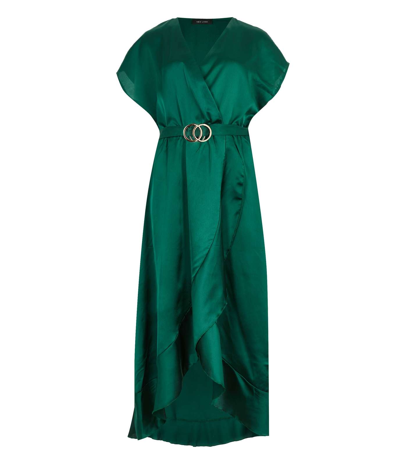 Dark Green Satin Belted Ruffle Wrap Midi Dress  Image 5