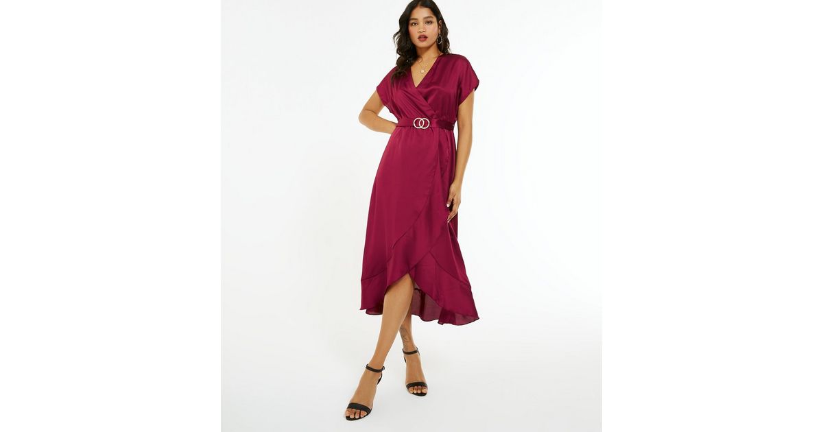 Burgundy Satin Belted Ruffle Wrap Midi Dress New Look