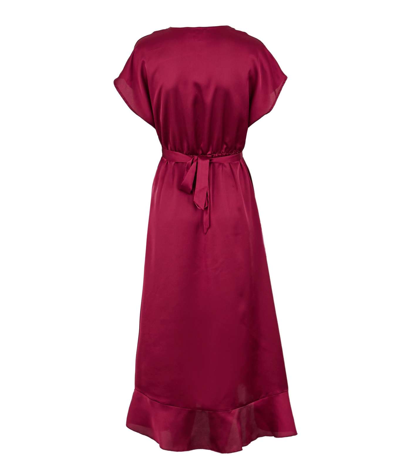 Burgundy Satin Belted Ruffle Wrap Midi Dress  Image 2