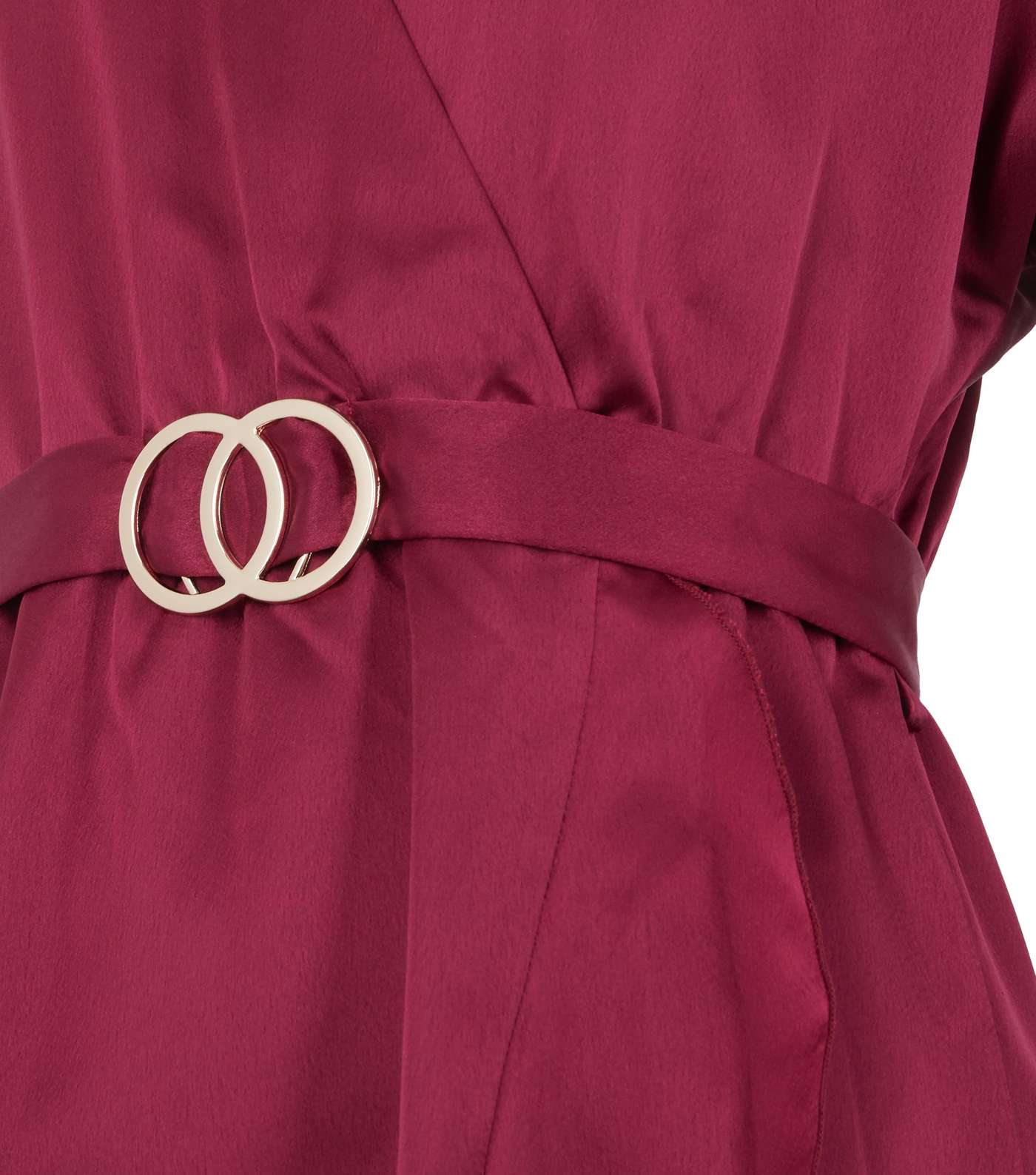 Burgundy Satin Belted Ruffle Wrap Midi Dress  Image 4