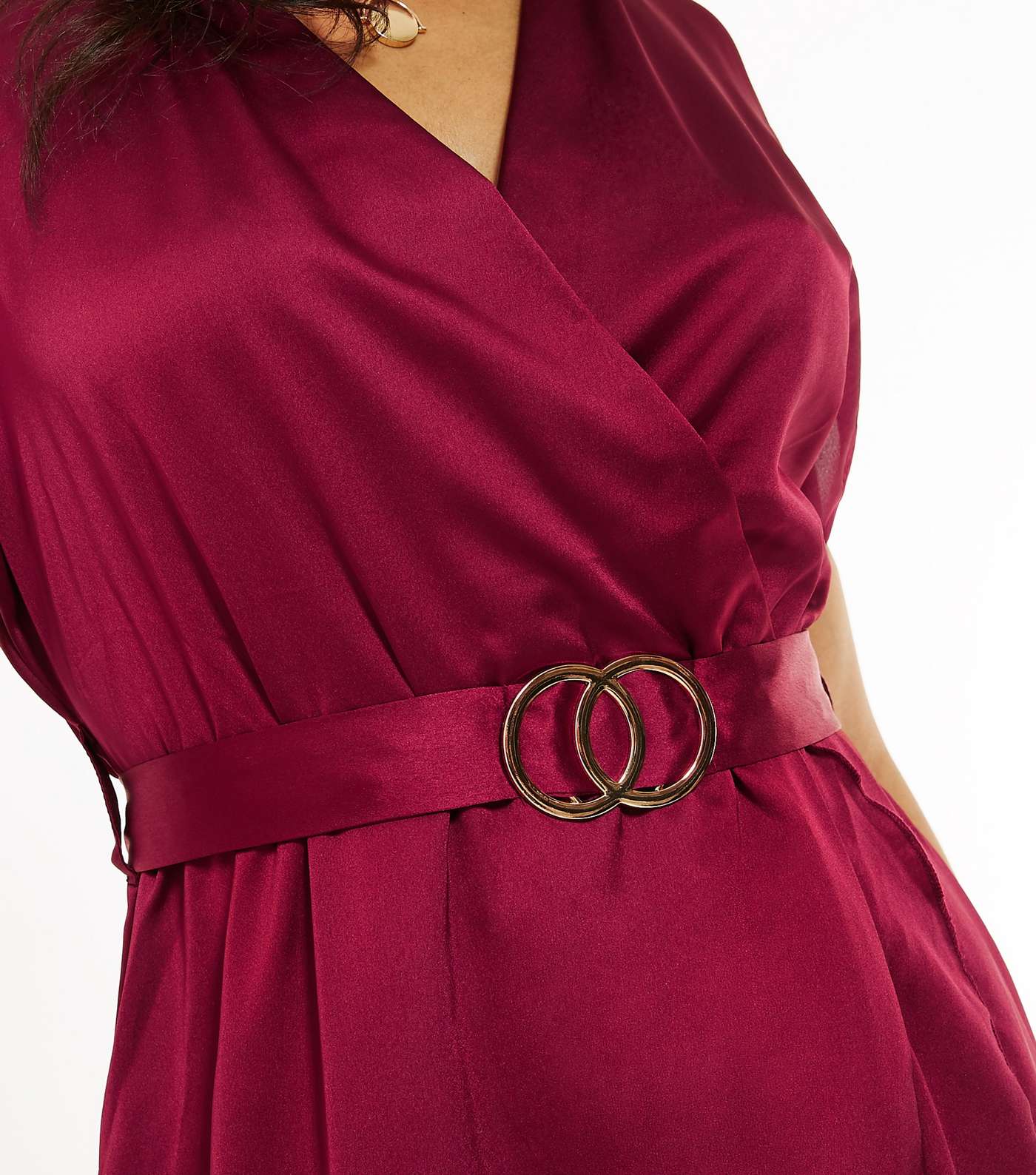 Burgundy Satin Belted Ruffle Wrap Midi Dress  Image 6