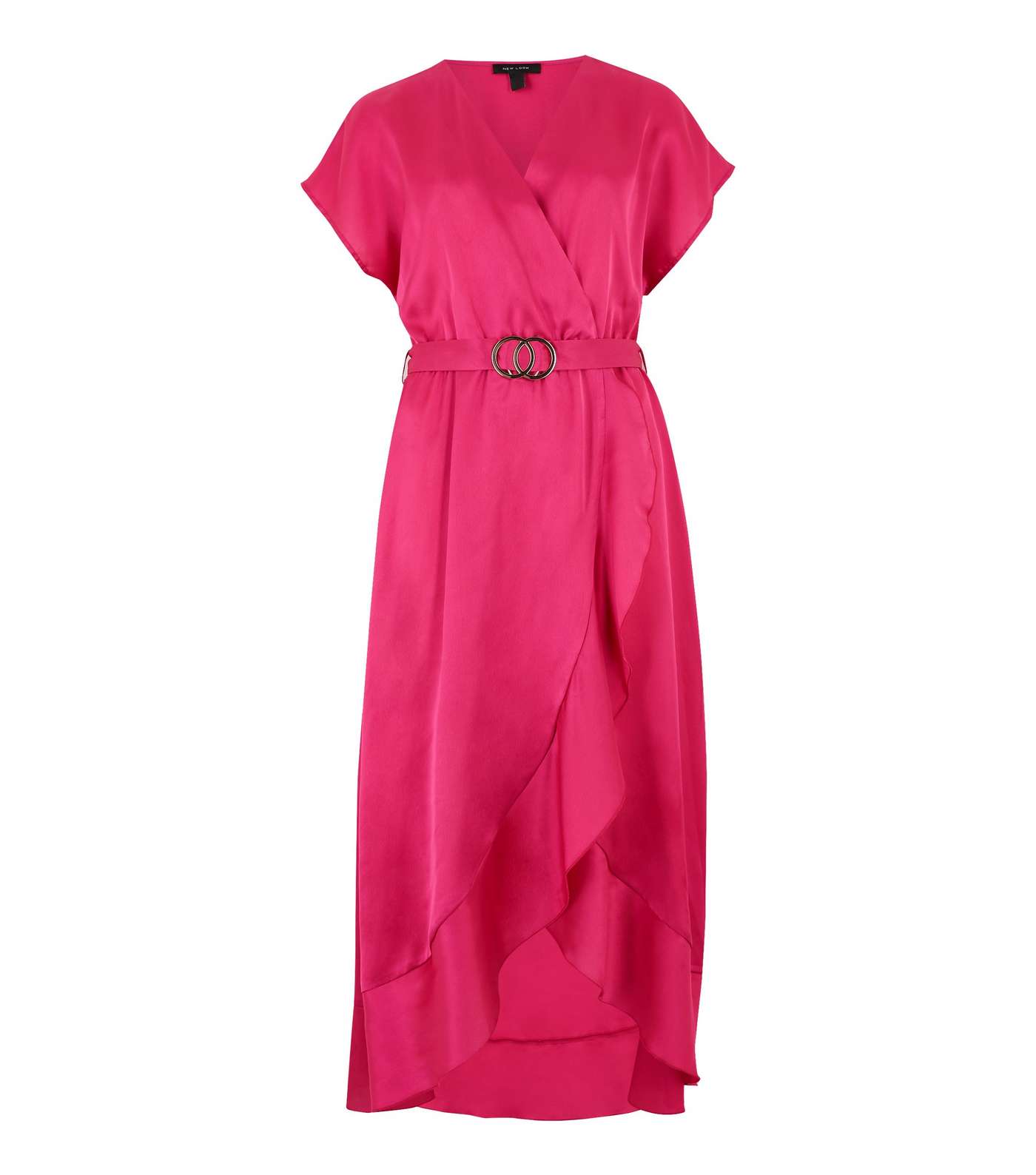Deep Pink Satin Belted Ruffle Wrap Midi Dress 
