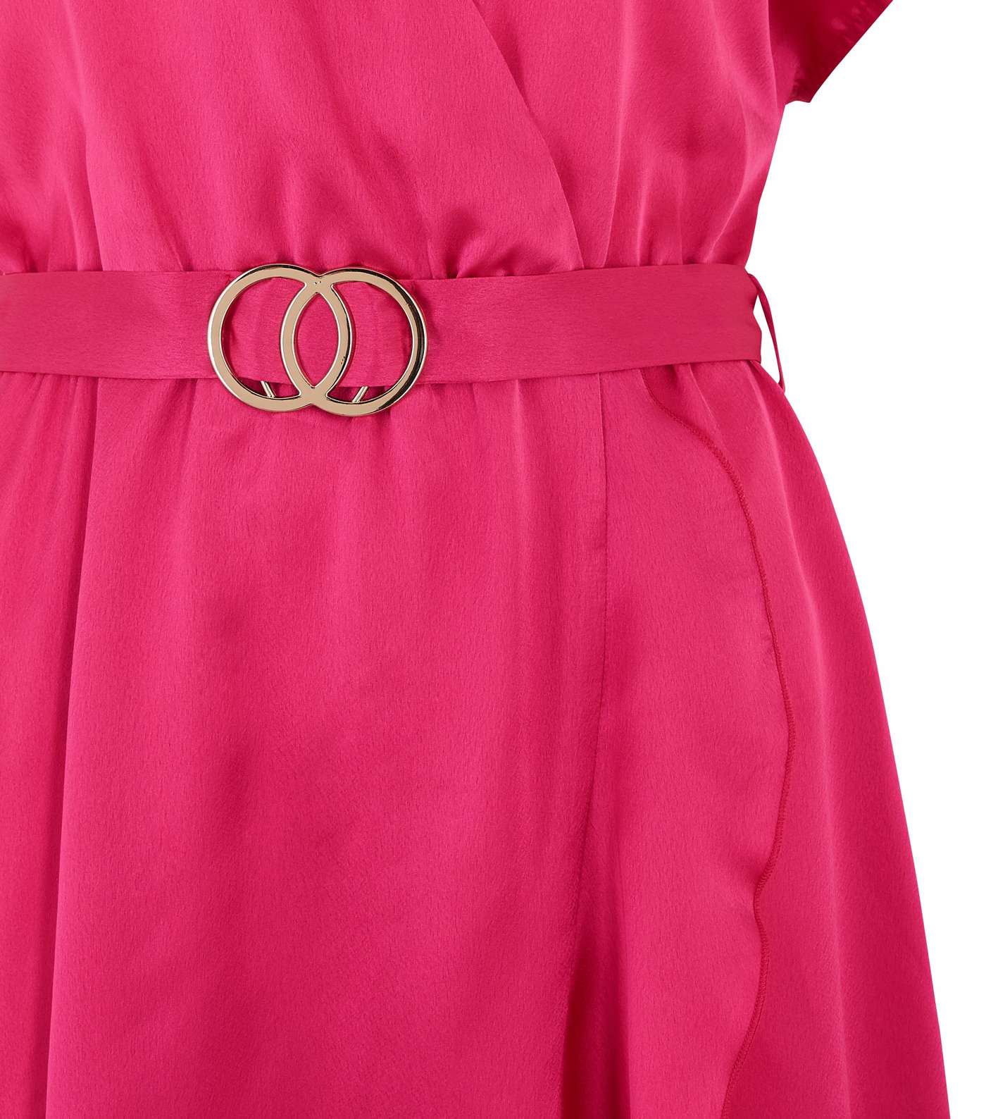 Deep Pink Satin Belted Ruffle Wrap Midi Dress  Image 3