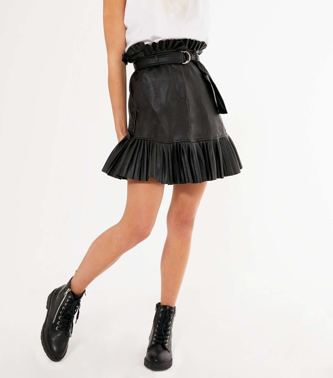 Black Leather-Look Pleated Skirt Image 2