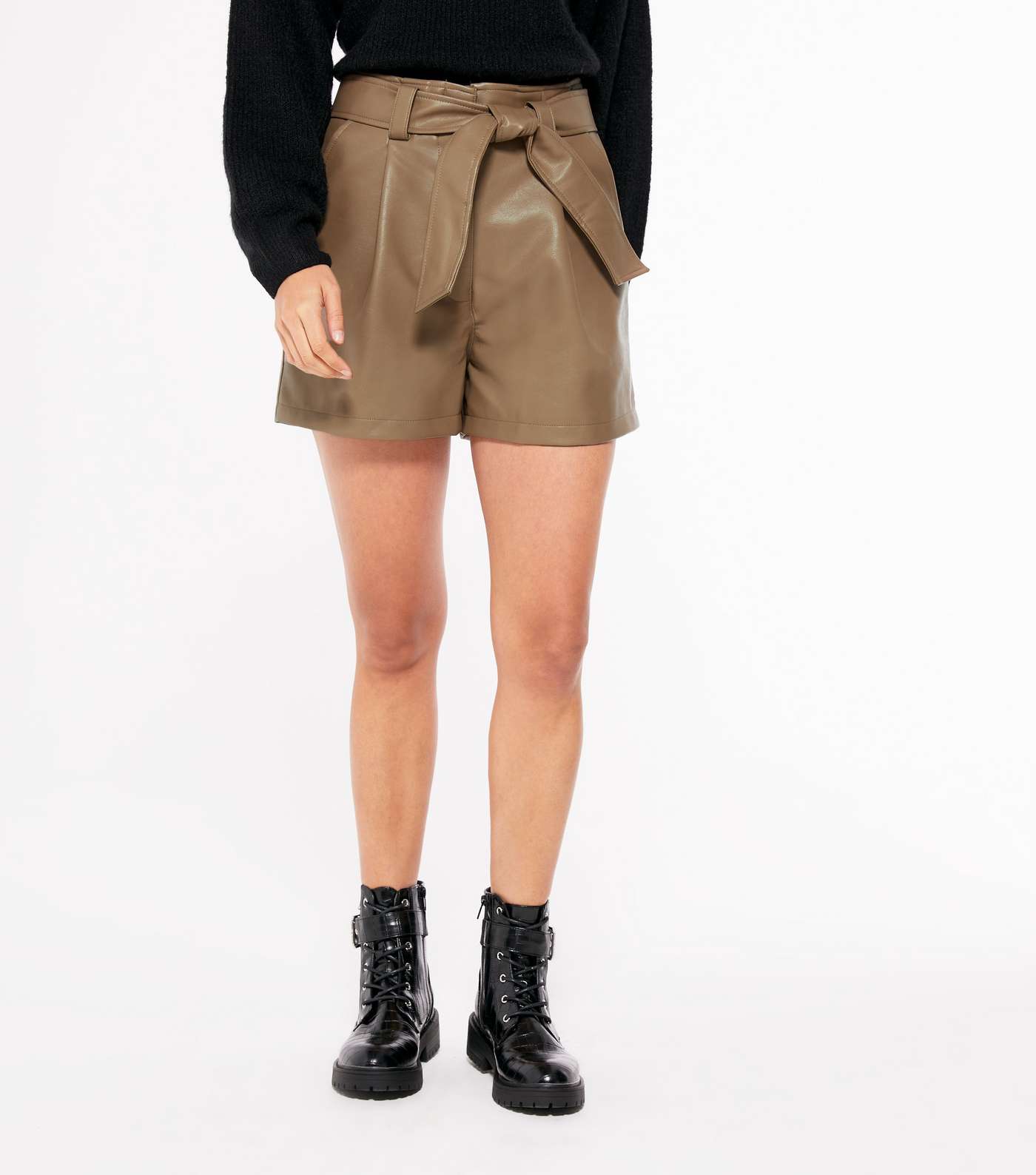 Brown Leather-Look Tie Waist Shorts Image 2