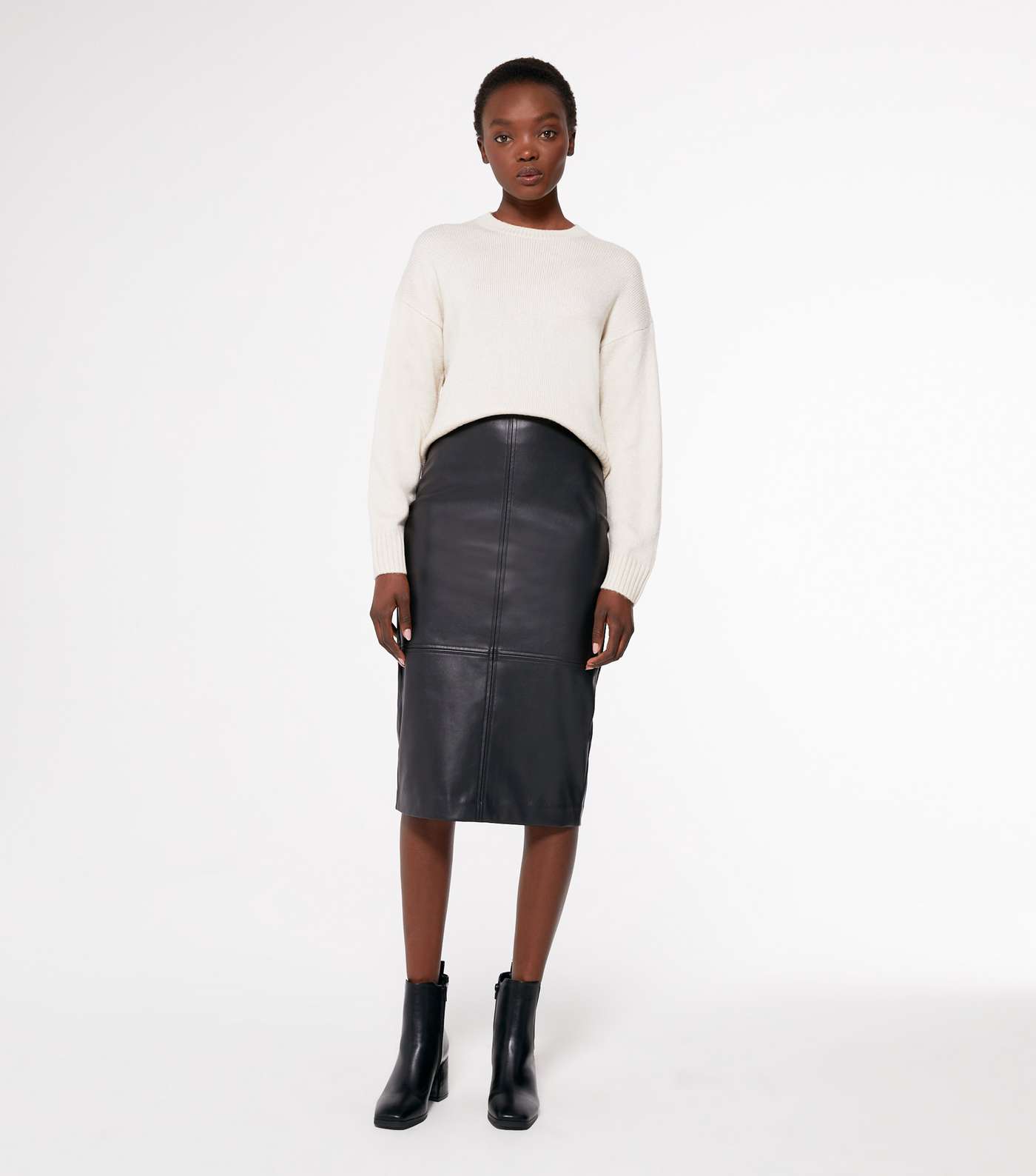 Black Leather-Look Midi Pencil Skirt