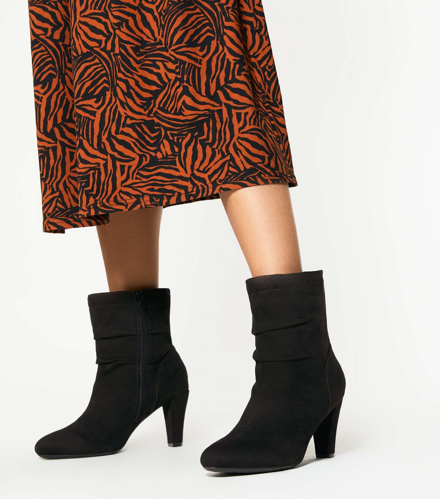 Wide Fit Black Suedette Slouch Cone Heel Boots