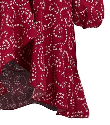 Image of Blue Vanilla Red Bird Print Ruffle Wrap Dress New Look