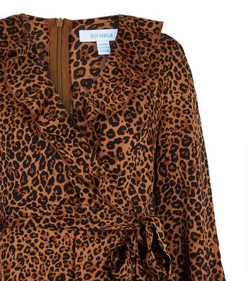 Image of Blue Vanilla Brown Leopard Print Ruffle Wrap Dress New Look