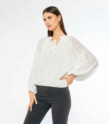 White Chiffon Spot Tie Neck Blouse 
