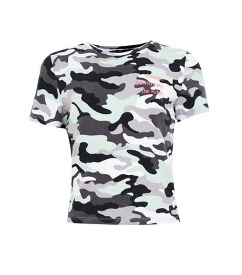 Girls Green Camo Goals Slogan T-Shirt 