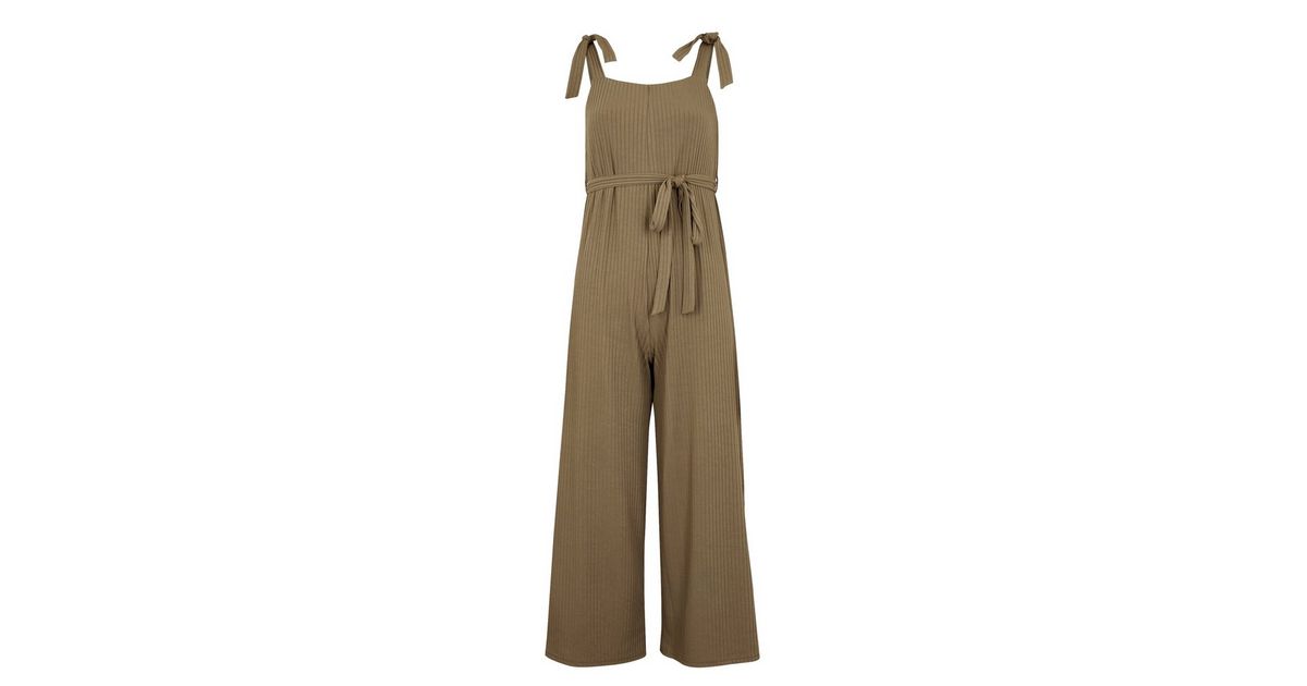 Petite Khaki Ribbed Tie Strap Jumpsuit New Look