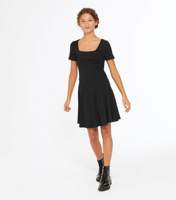 Girls Black Ribbed Square Neck Skater Dress New Look